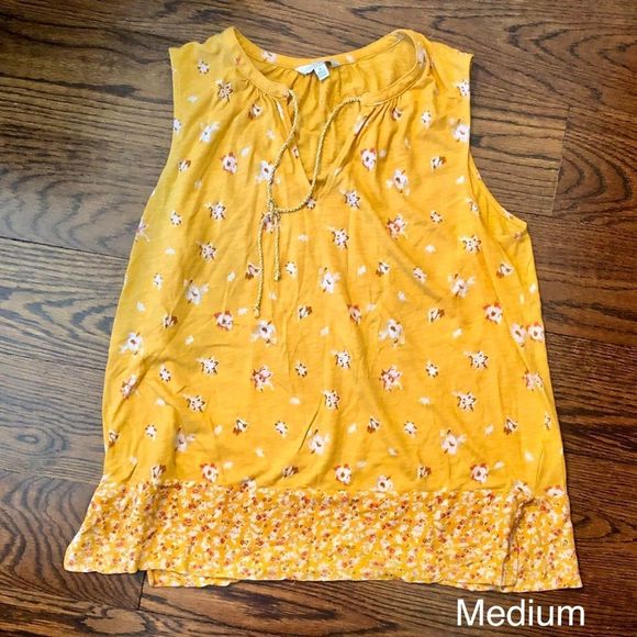 LUCKY BRAND Womens Golden Yellow Floral Sleeveless Tie Neck Top Sz Medium - Picture 1 of 5